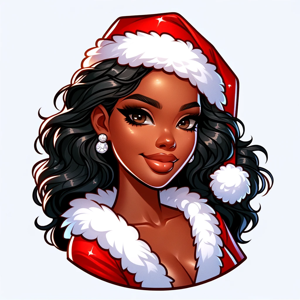 DALL·E 2023-12-20 06.06.44 - Illustration of a stunning African American female with an animated headshot, dressed in a Santa suit. The image showcases her as a cheerful and festi